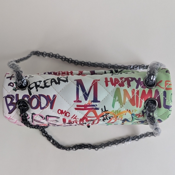 Boutique Quilted Graffiti Print Shoulder Bag Structured Crossbody w/ Chain Strap - Picture 6 of 16